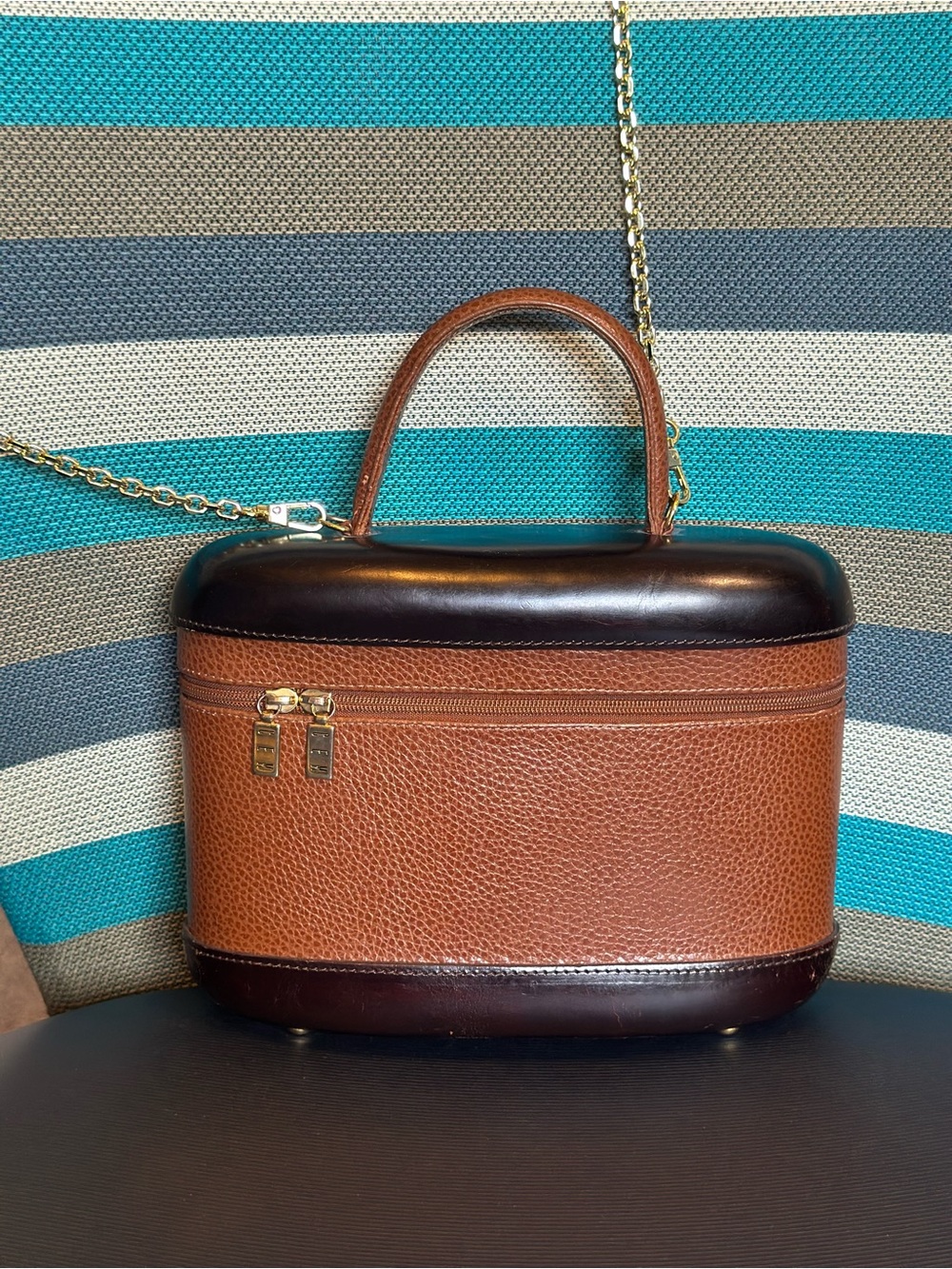 CEM Brown Leather Structured Top Handle Bag with Gold Chain GUC